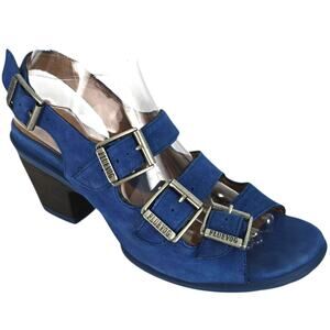 John Fluevog Sunny Blue Nubuck Leather Strappy Buckle Sandal Heeled 10.5